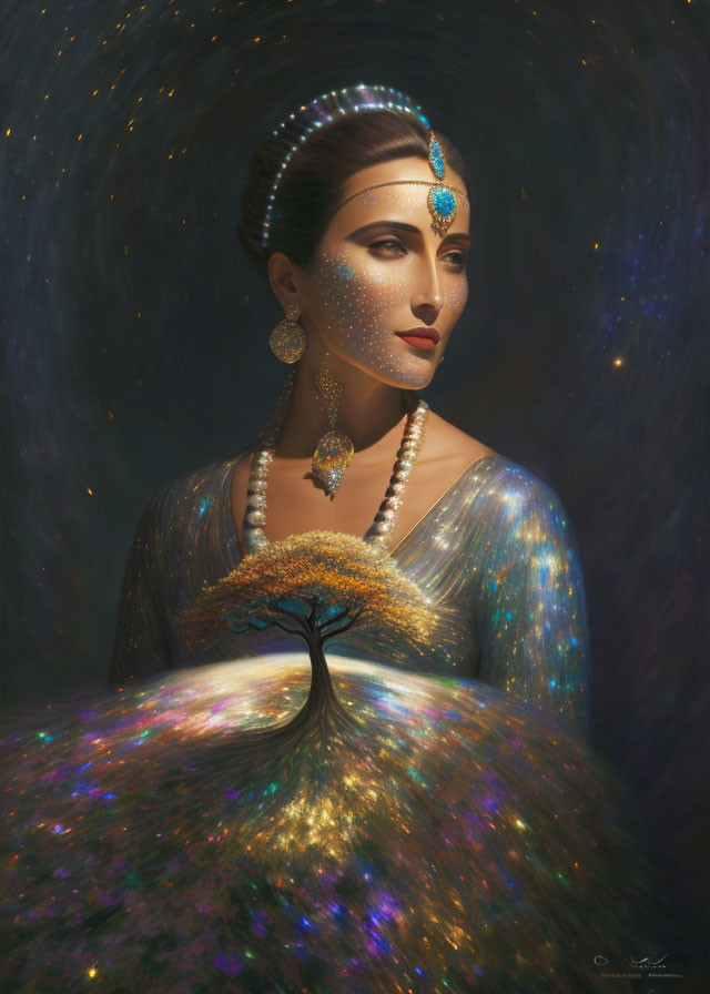 Cosmic-themed portrait of woman with galaxy dress and tree of life motif