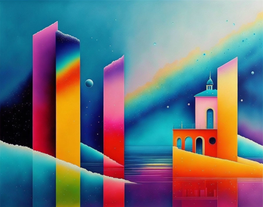 Colorful Geometric Shapes in Surreal Landscape with Arches and Rainbow