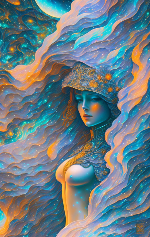 Woman merging with cosmic elements in surreal portrait.