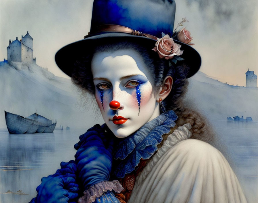 Person with white face paint, blue nose, red teardrops, black hat with pink rose,