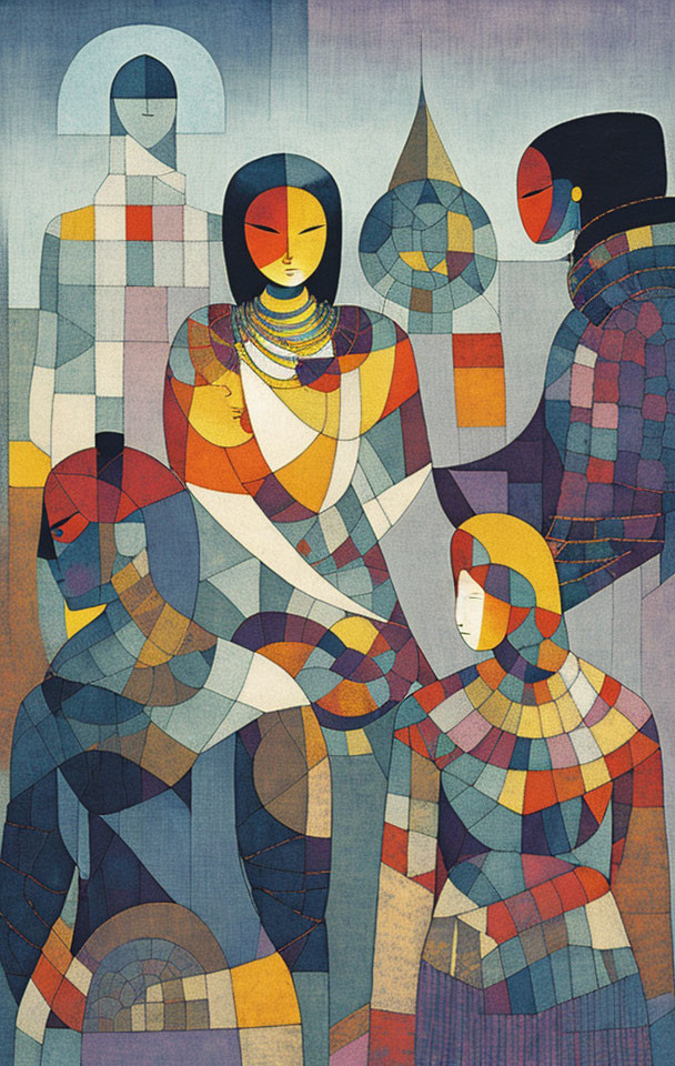 Geometric abstract painting with stylized human figures in cool and warm tones