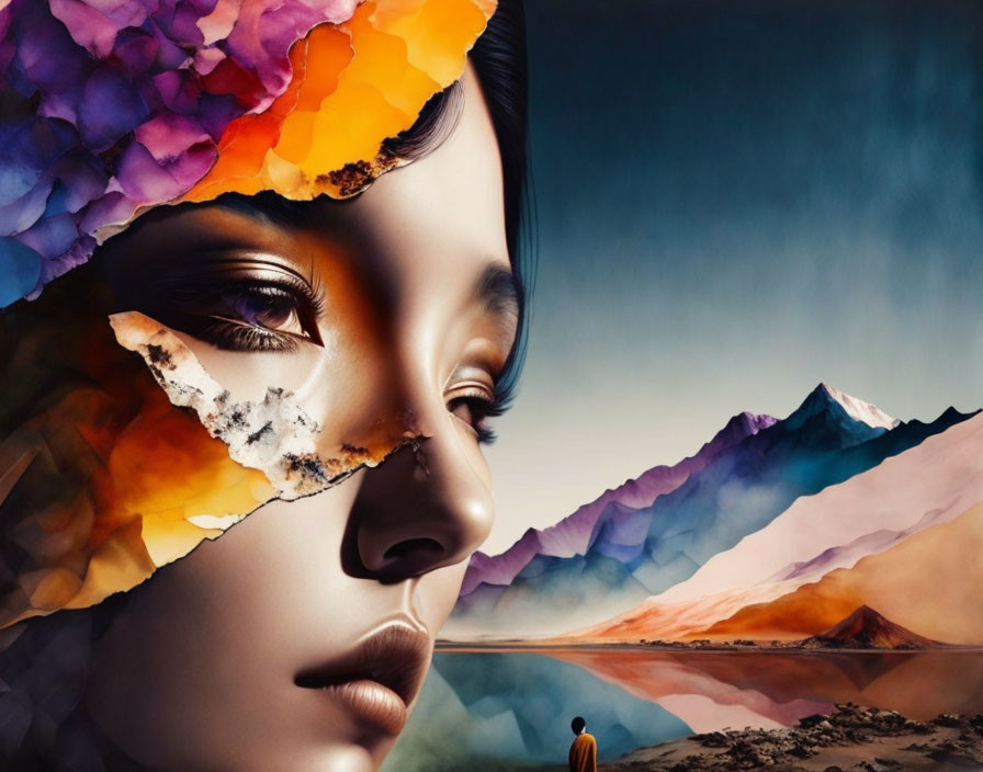 Surreal artwork: Woman's face merges with vibrant landscapes