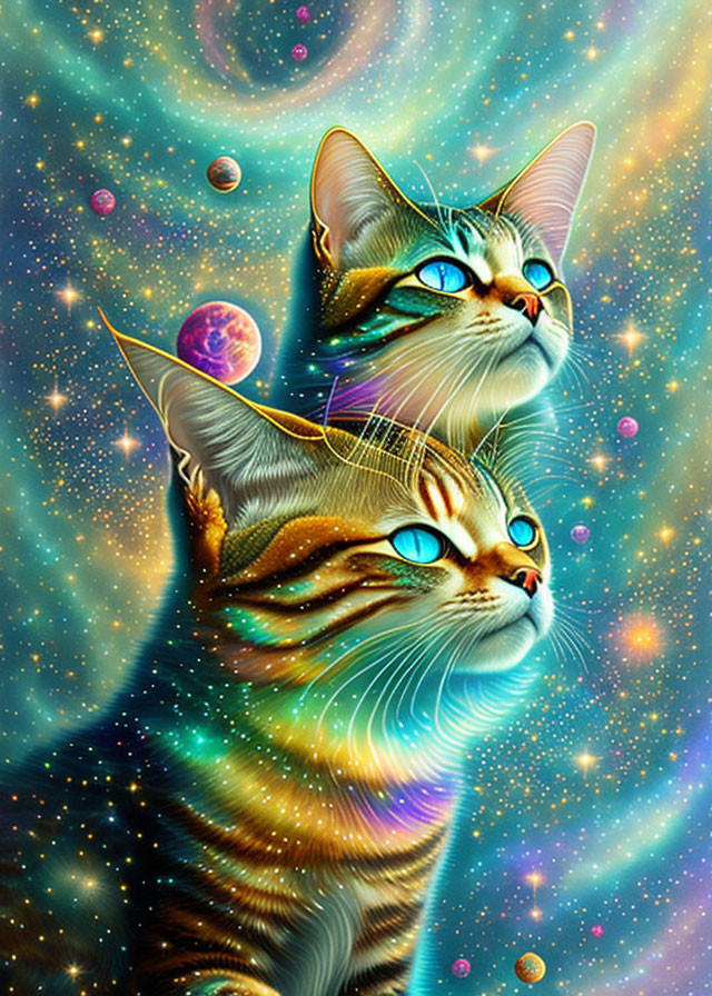 Vibrant cats with blue eyes in cosmic setting