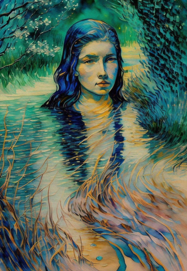 Person with blue hair in water surrounded by green foliage and white flowers.