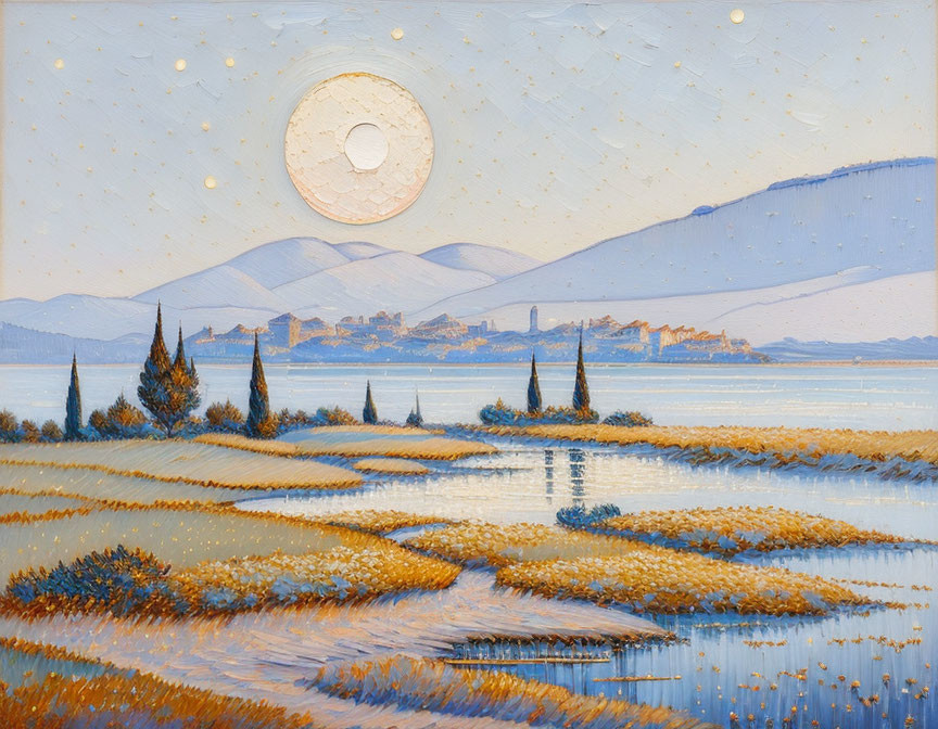 Tranquil landscape at dusk with full moon reflecting on water