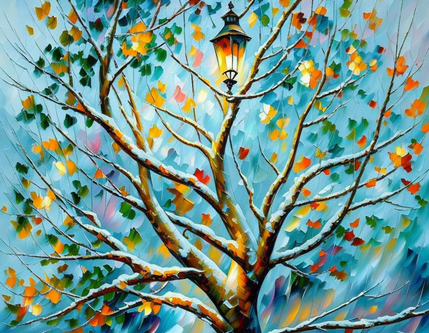 Colorful Tree Painting with Lantern on Branch in Whimsical Blue Background