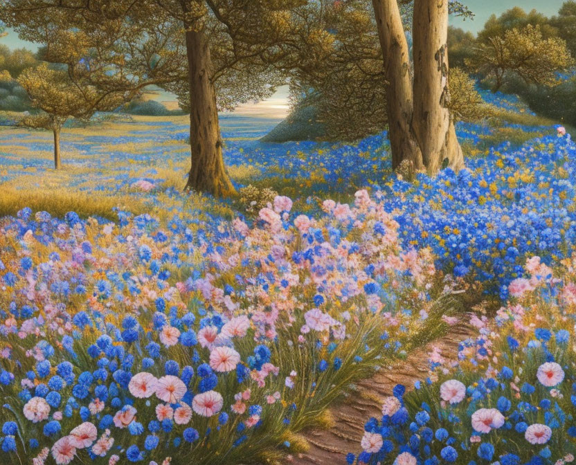 Colorful Flower Field Painting with Trees and Pathway