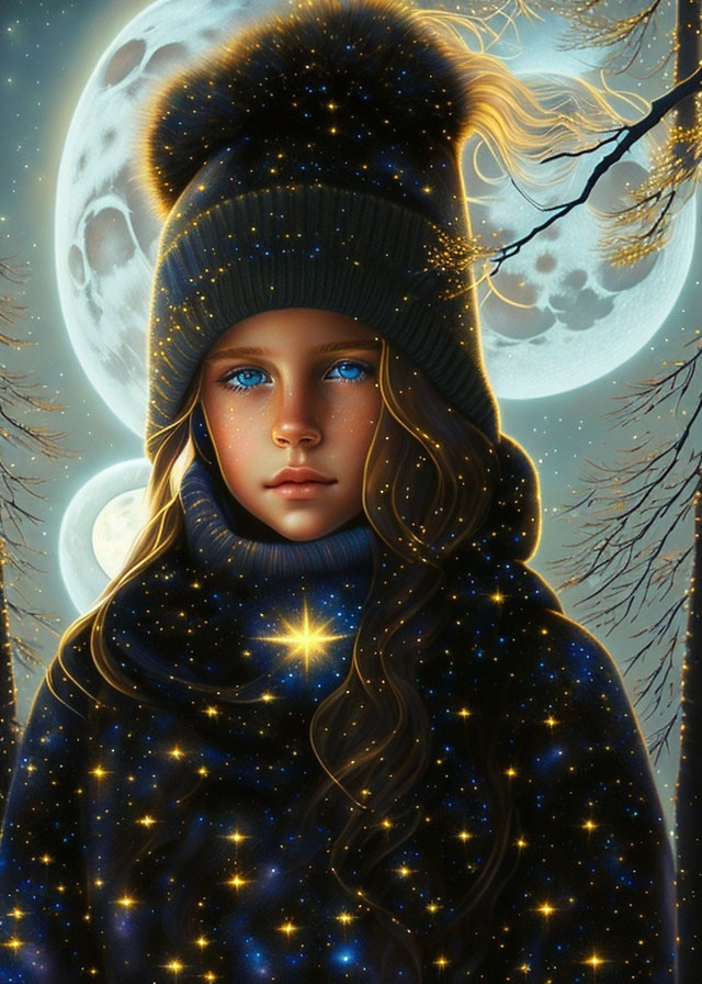 Digital artwork: Girl with blue eyes, wavy hair, starry outfit, moon background