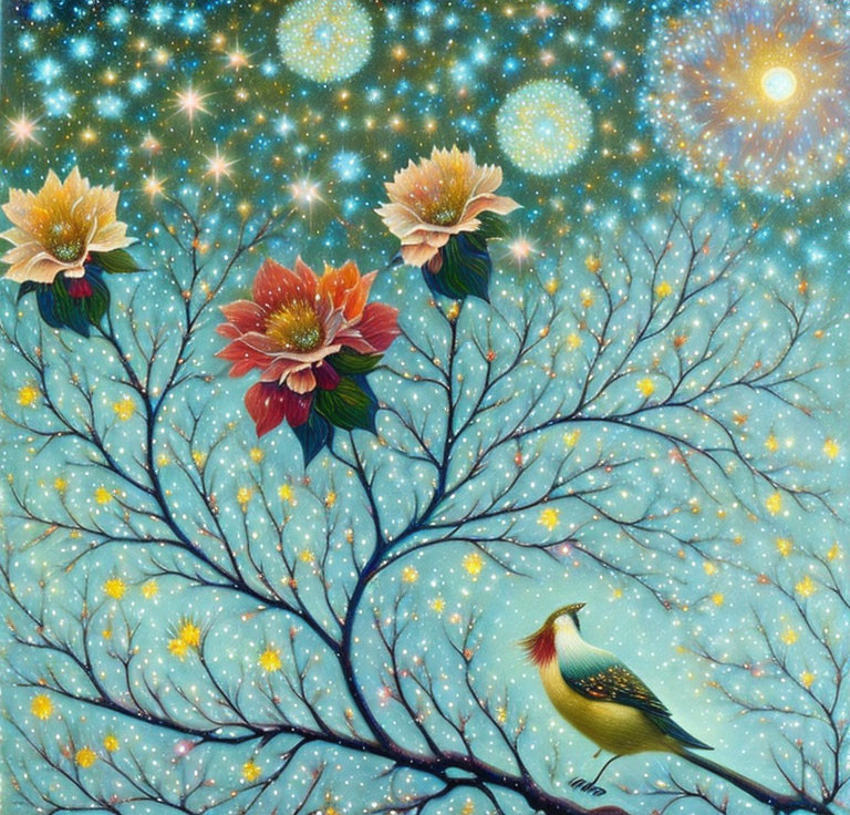 Colorful bird on branch with flowers under starry sky