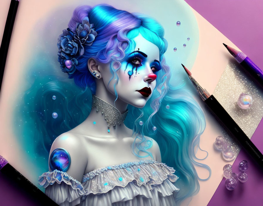 Woman with Blue Hair and Tears Surrounded by Flowers, Jewelry, Bubbles, and Paintbrushes