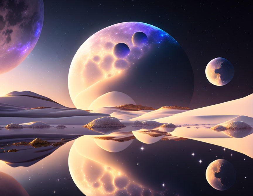 Tranquil landscape with sand dunes, reflective water, multiple moons and stars in purple-orange twilight