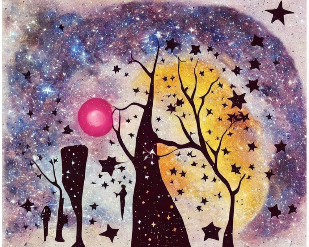 Whimsical painting of starry sky with tree leaves as stars