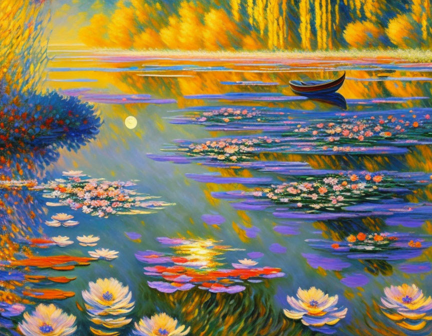 Tranquil river scene with boat, water lilies, autumn trees, twilight sky