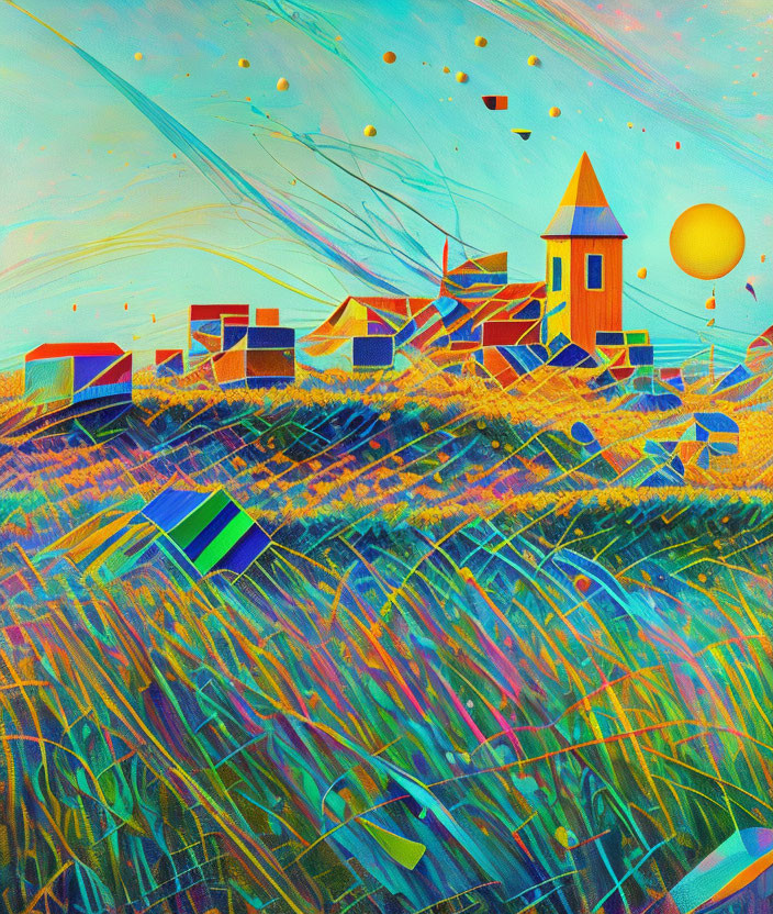 Colorful Abstract Landscape with Central Tower and Bold Sun