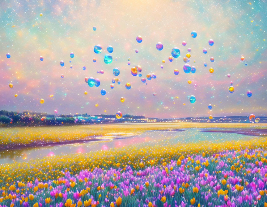 Colorful Tulip Field with Floating Soap Bubbles at Sunset