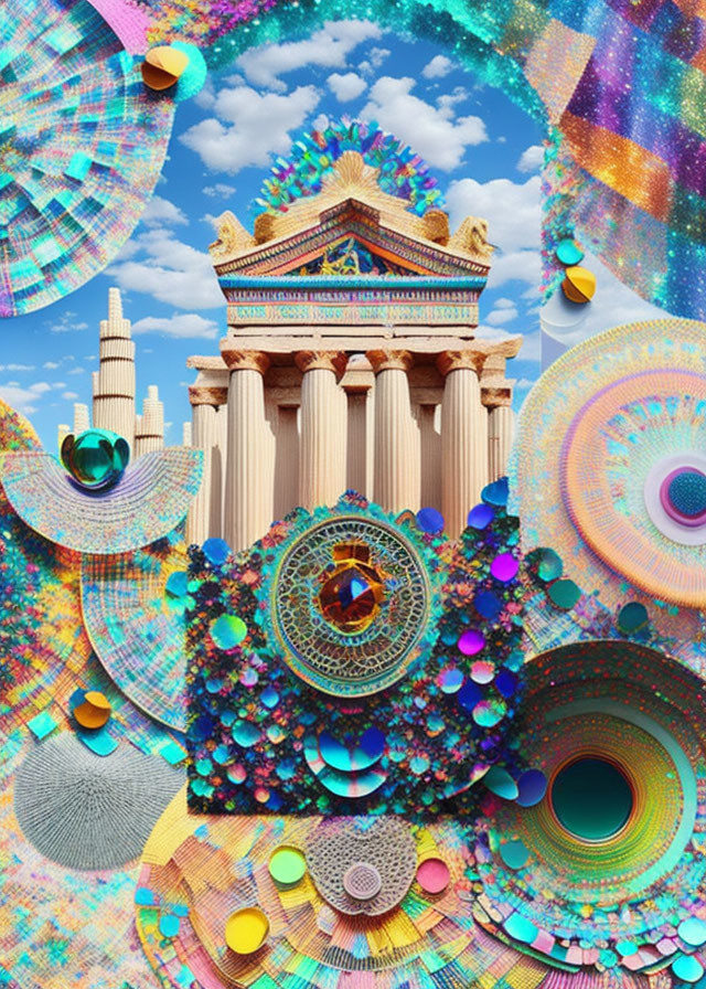 Colorful collage of classical architecture, mandalas, and psychedelic patterns on blue sky