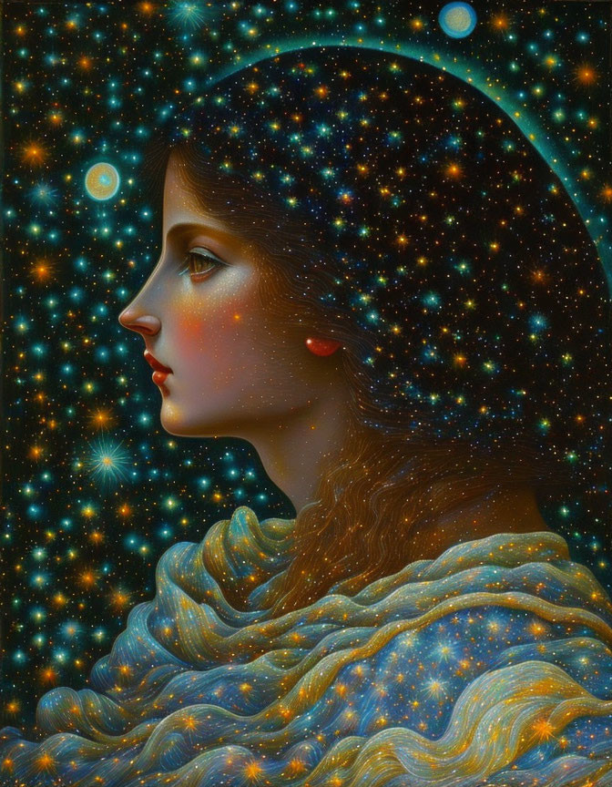 Woman with Star-Filled Hair and Cosmic Classical Art Motifs