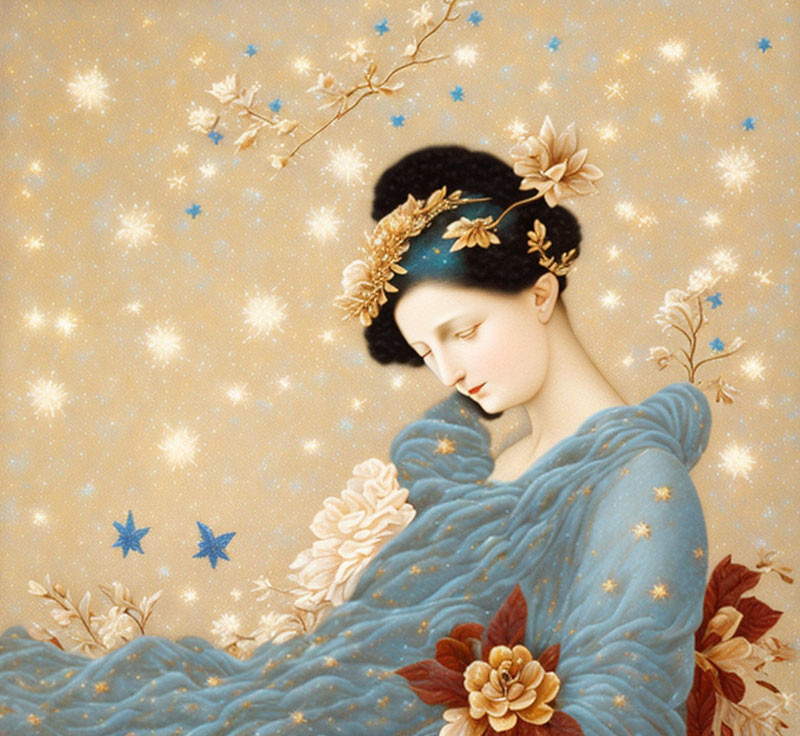 Illustration of woman in blue dress with flowers on starry gold background