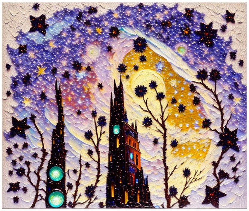 Starry sky painting with moon, trees, and gothic tower