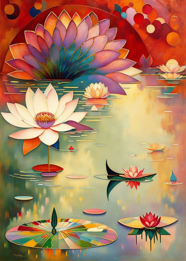 Colorful Lotus Flower Painting on Reflective Water Surface