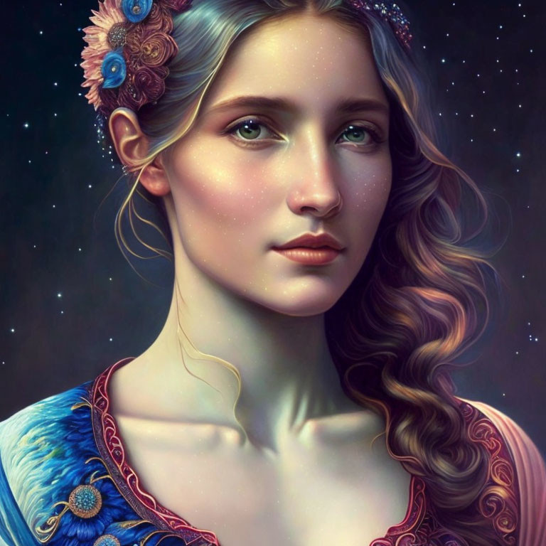 Digital artwork featuring woman with floral hair adornments, celestial motifs, and blue dress