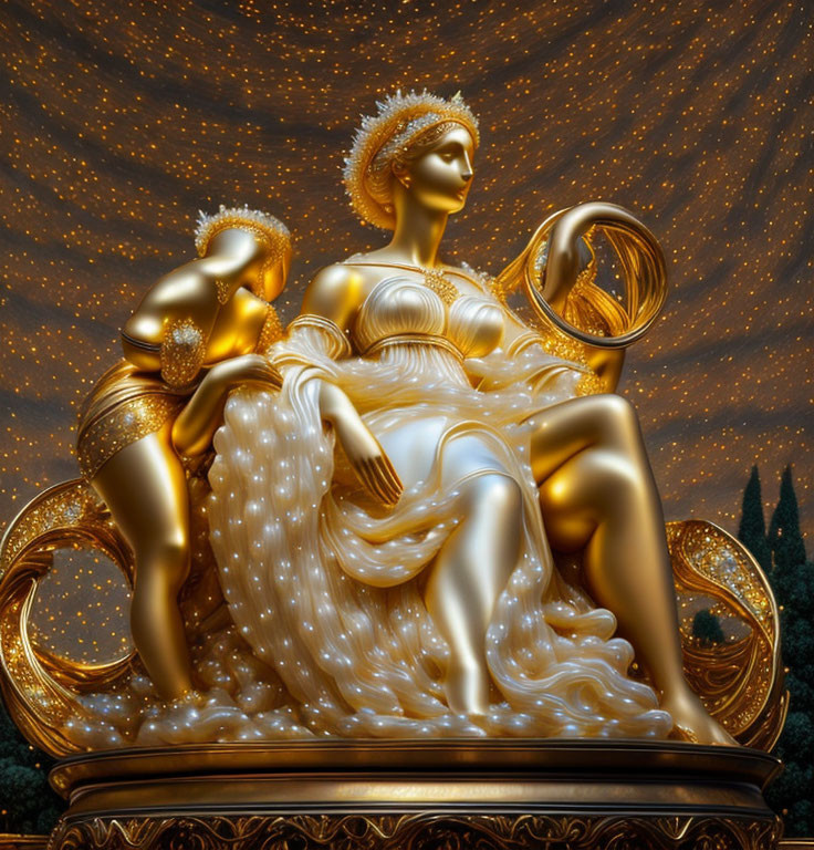 Golden and white seated woman statue with mirror and cherub on starry backdrop