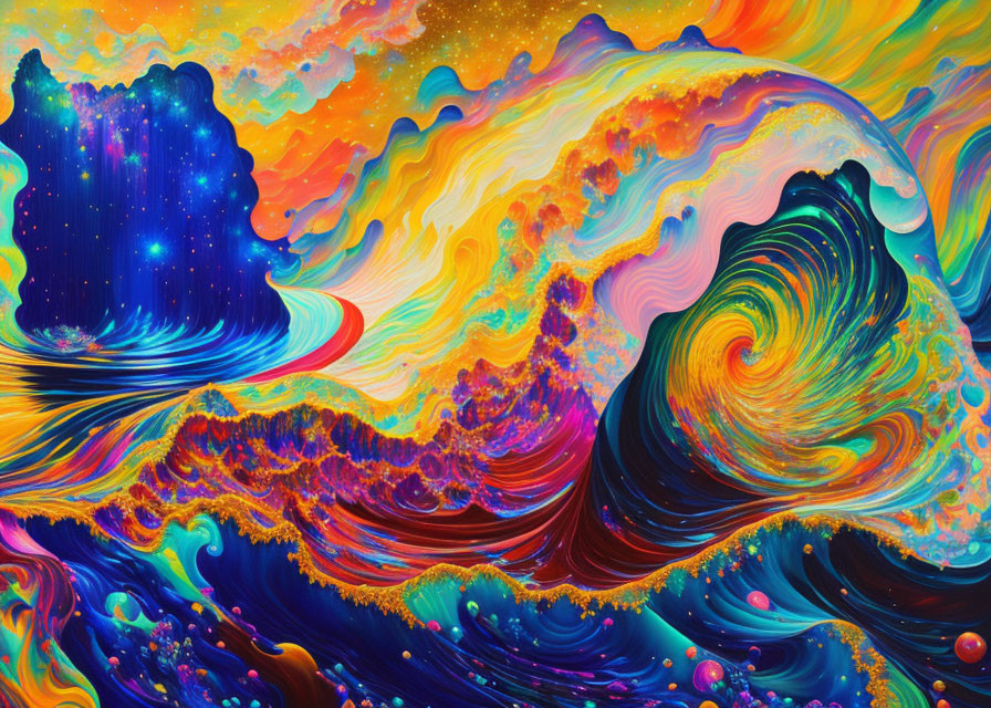 Colorful Psychedelic Image with Cosmic Elements and Swirling Patterns