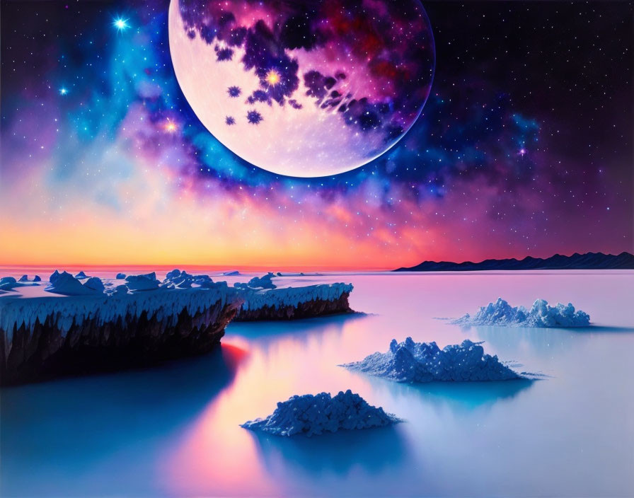 Surreal landscape with icebergs, starry sky, and giant nebula planet