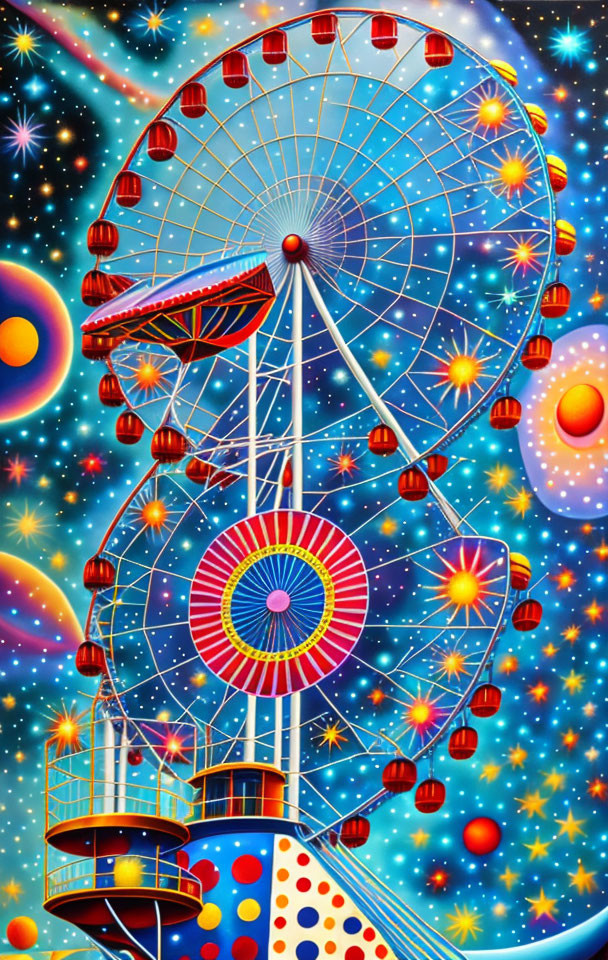 Colorful Ferris Wheel Illustration Against Cosmic Background