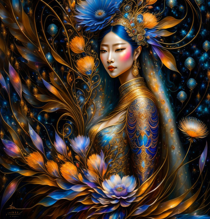 Elaborate Blue and Gold Floral Patterns on Woman in Celestial Setting