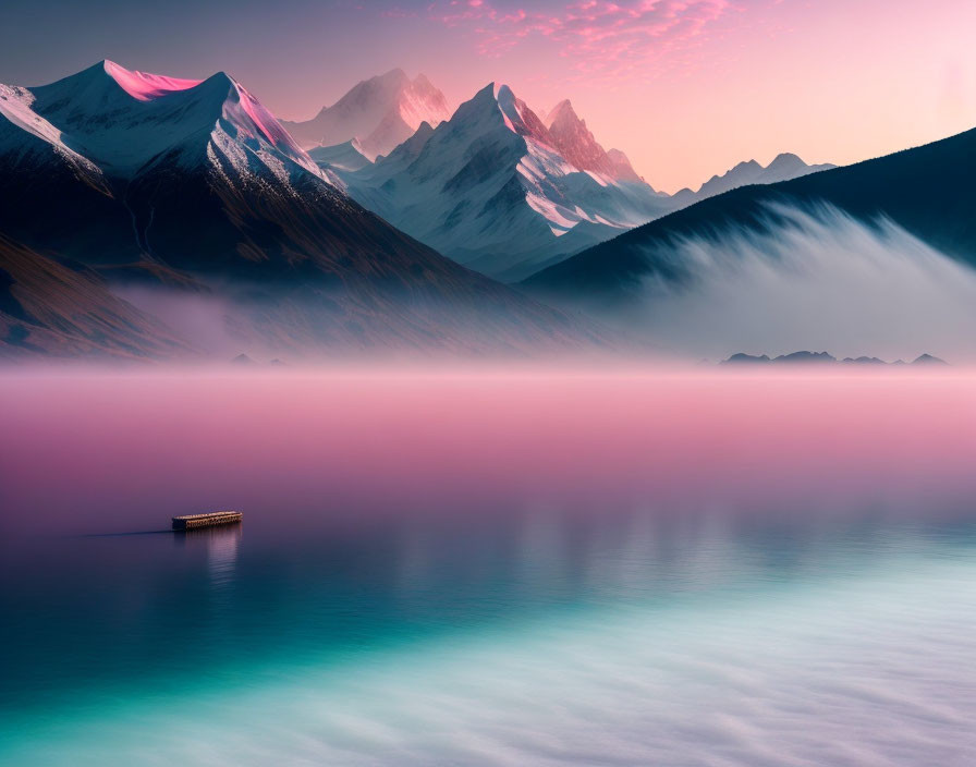 Serene landscape with lone boat on mist-covered lake, pink-tinged snow-capped mountains,