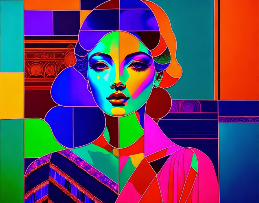 Multicolored portrait of a woman against geometric background