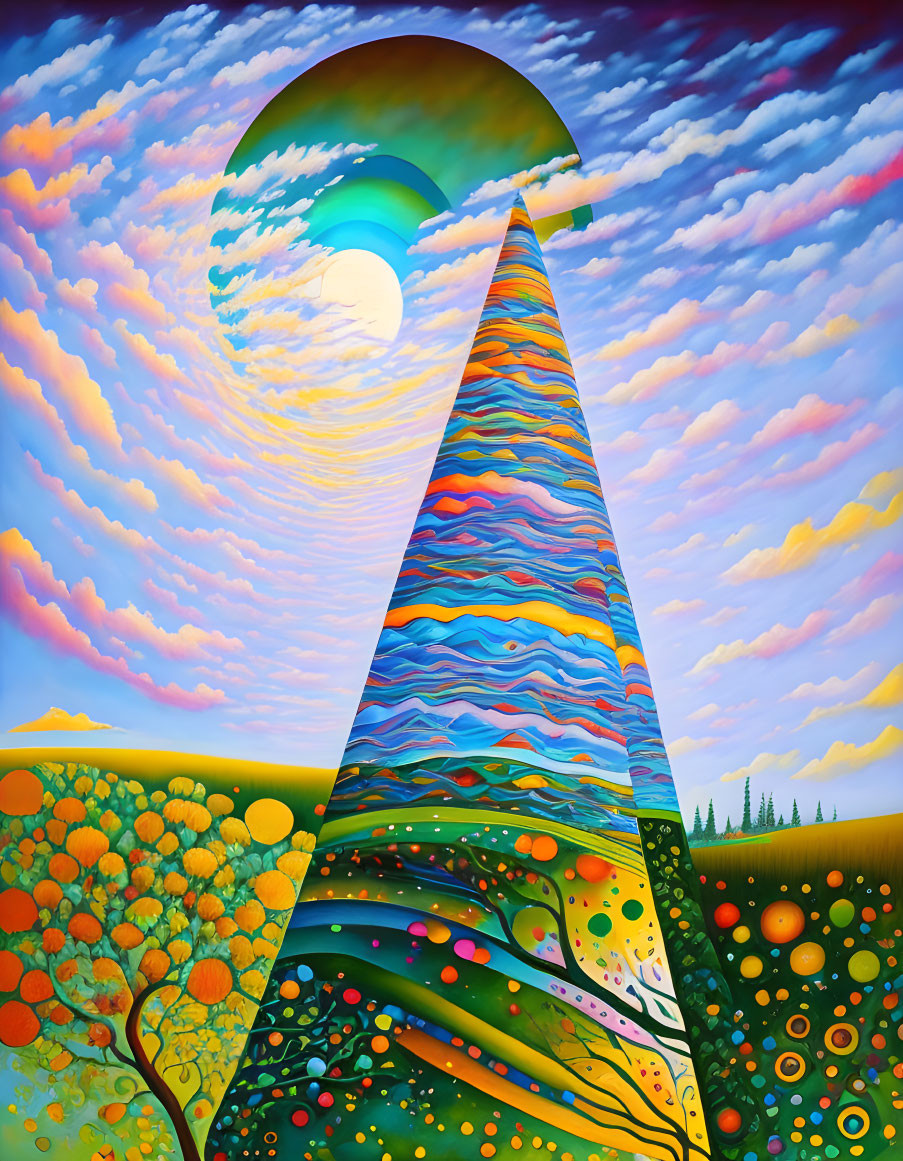 Colorful surreal landscape painting with pointed pathway and swirling sky