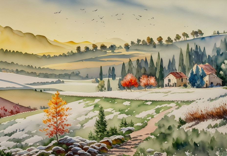 Tranquil watercolor landscape of autumn and winter scene