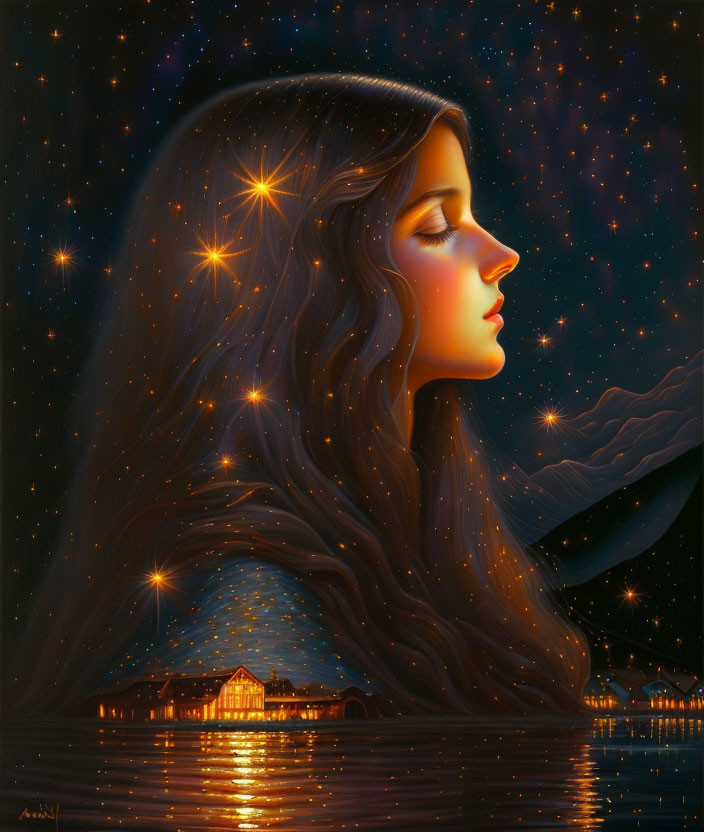 Surreal portrait of woman with stars in flowing hair and night sky merging into tranquil water with lit