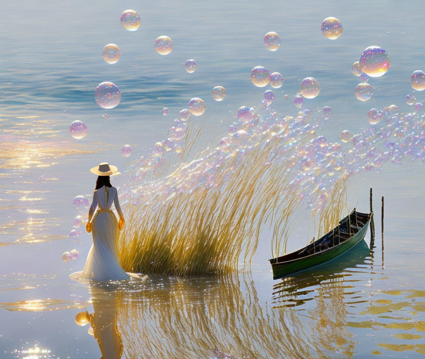 Person in hat and dress by boat in reeds on reflective water with shimmering bubbles at golden sunset