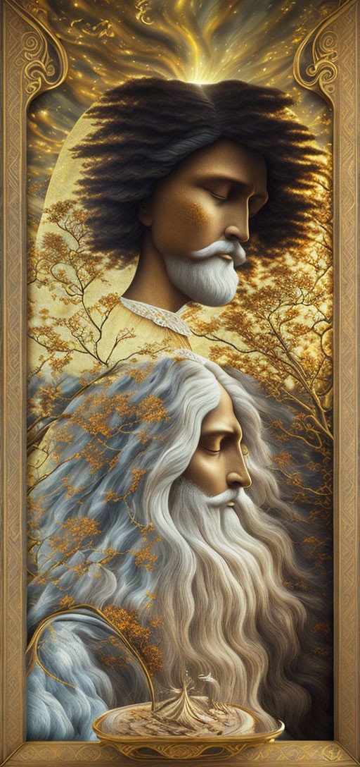 Stylized male figures with tree and cloud hair in golden accents