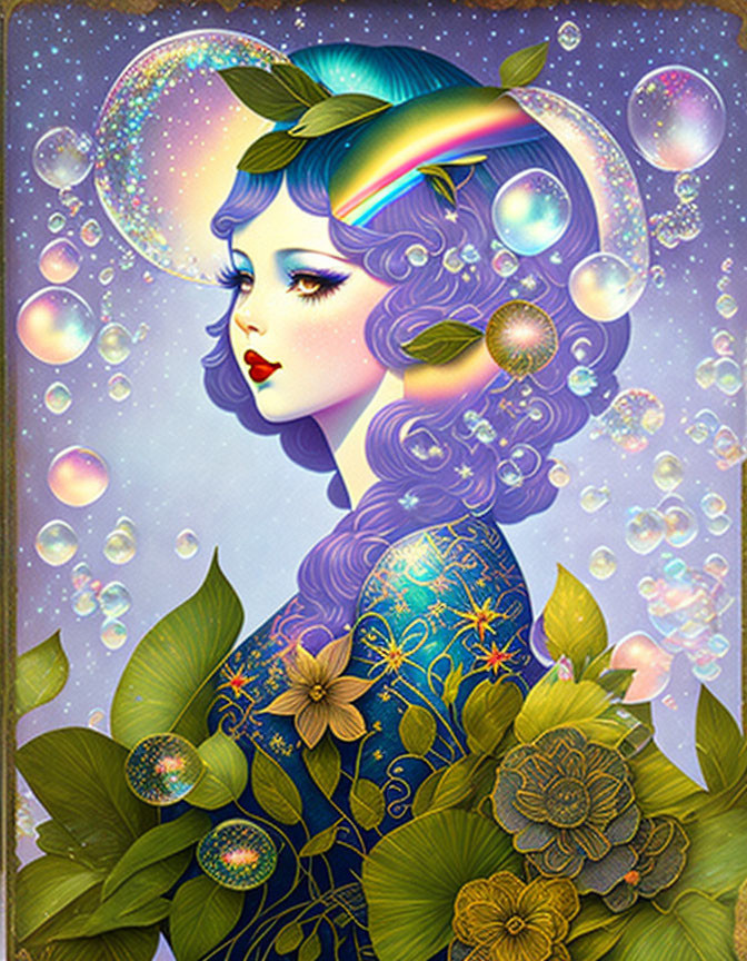 Colorful Woman with Blue Hair and Horn Surrounded by Nature and Stars