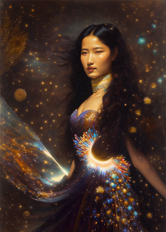 Woman with Dark Hair in Cosmic-Themed Dress Among Stars