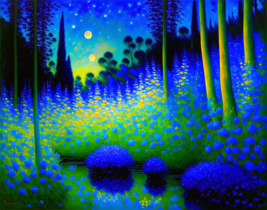 Night scene painting: luminous full moon over water and blue flowers