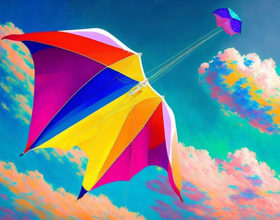 Vibrant colorful kites in blue sky with pink and orange clouds