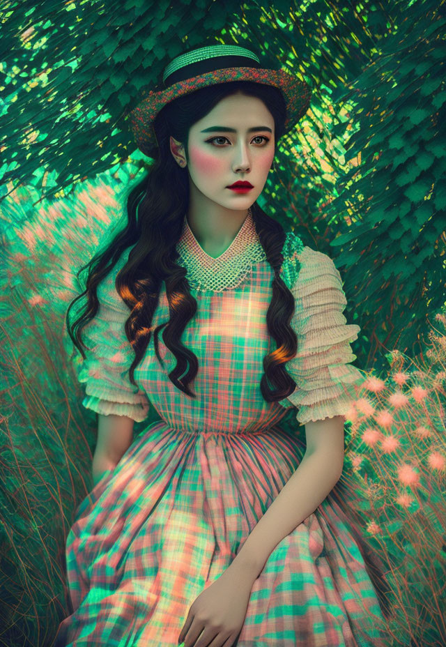 Dark-haired woman in vintage attire with pastel plaid dress and hat, posing under green backdrop