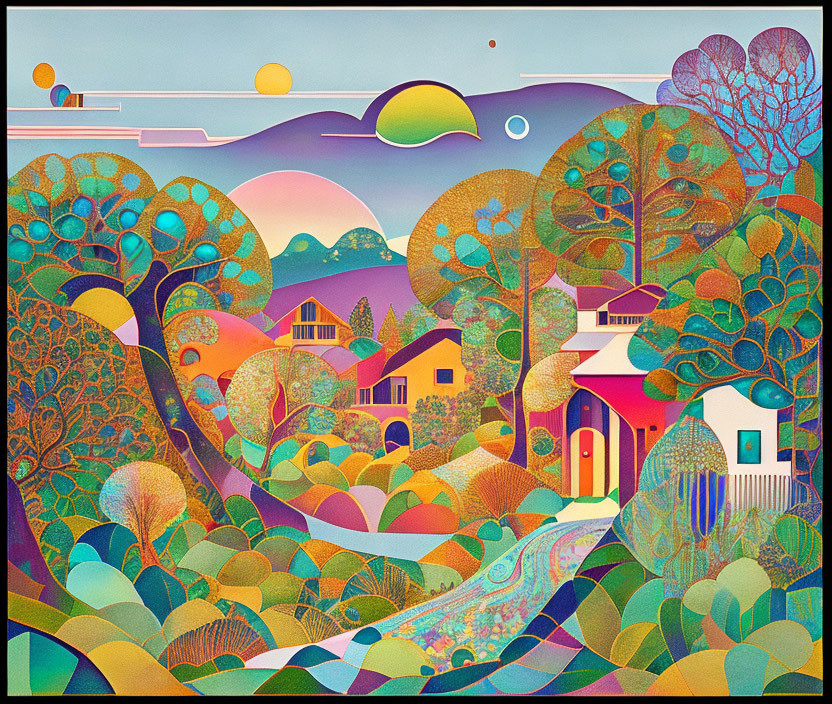 Colorful landscape with whimsical trees and celestial elements