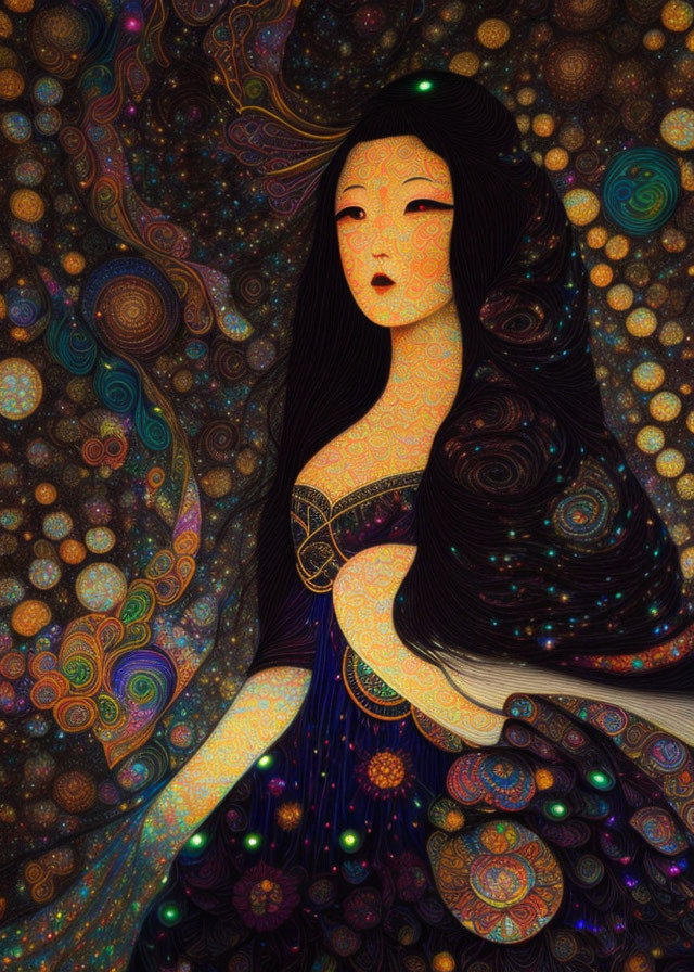 Illustration of woman with long hair in galaxy dress on cosmic backdrop