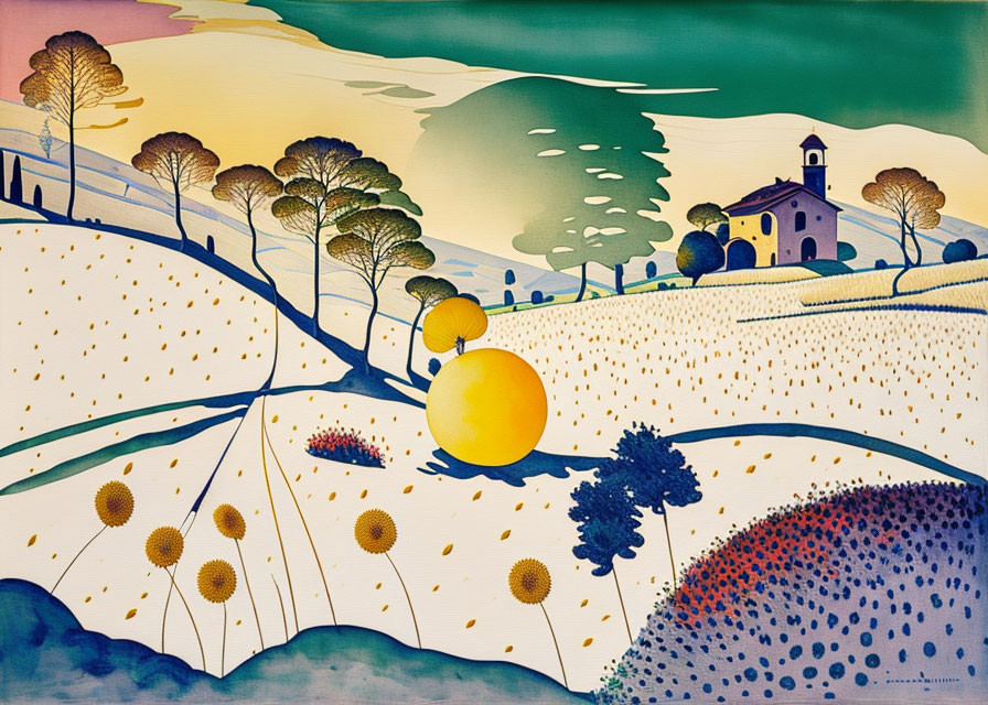 Colorful landscape painting with rolling hills, trees, church, and oversized sun