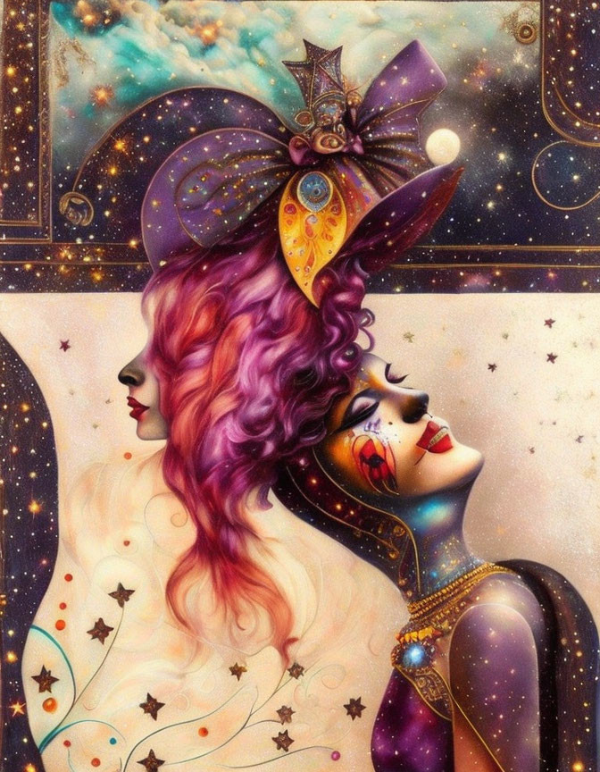 Vibrant surreal artwork of two stylized women with cosmic motifs