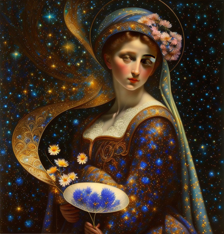 Woman adorned with stars holding a flower fan in cosmic painting