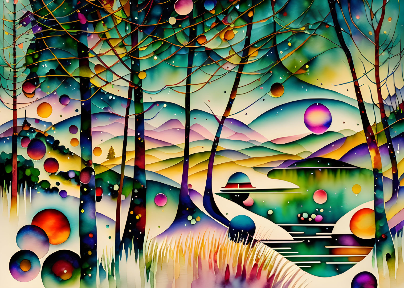 Vibrant painting of surreal landscape with floating orbs and flying saucer