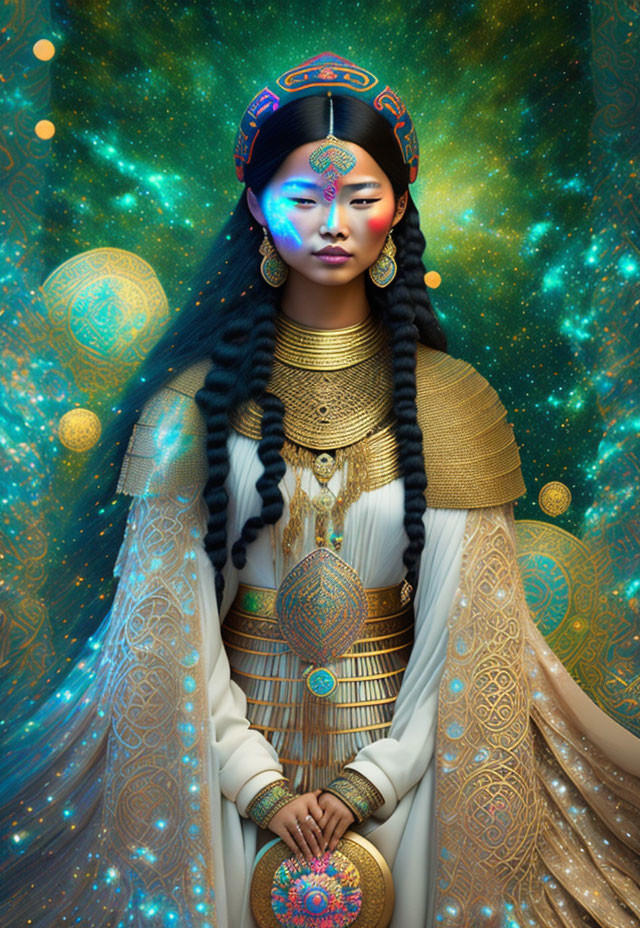 Woman in traditional attire with ornate gold jewelry on celestial background