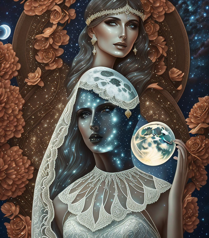 Digital artwork featuring two ethereal women with ornate headpieces and lace, one in earth tones and